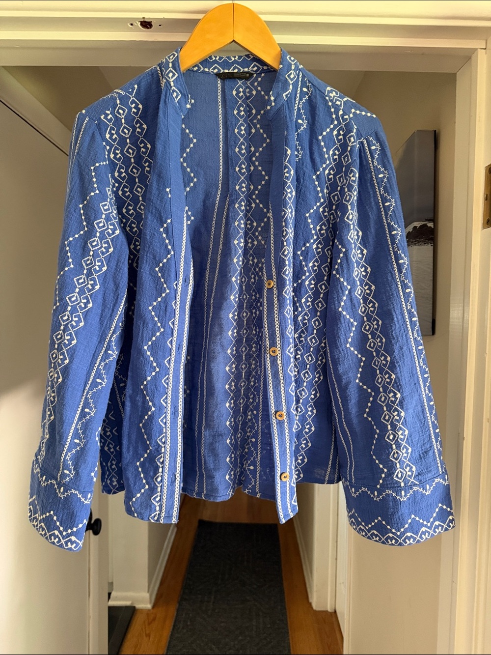 Zara Blue Embroidered Open-Front Blazer Jacket
